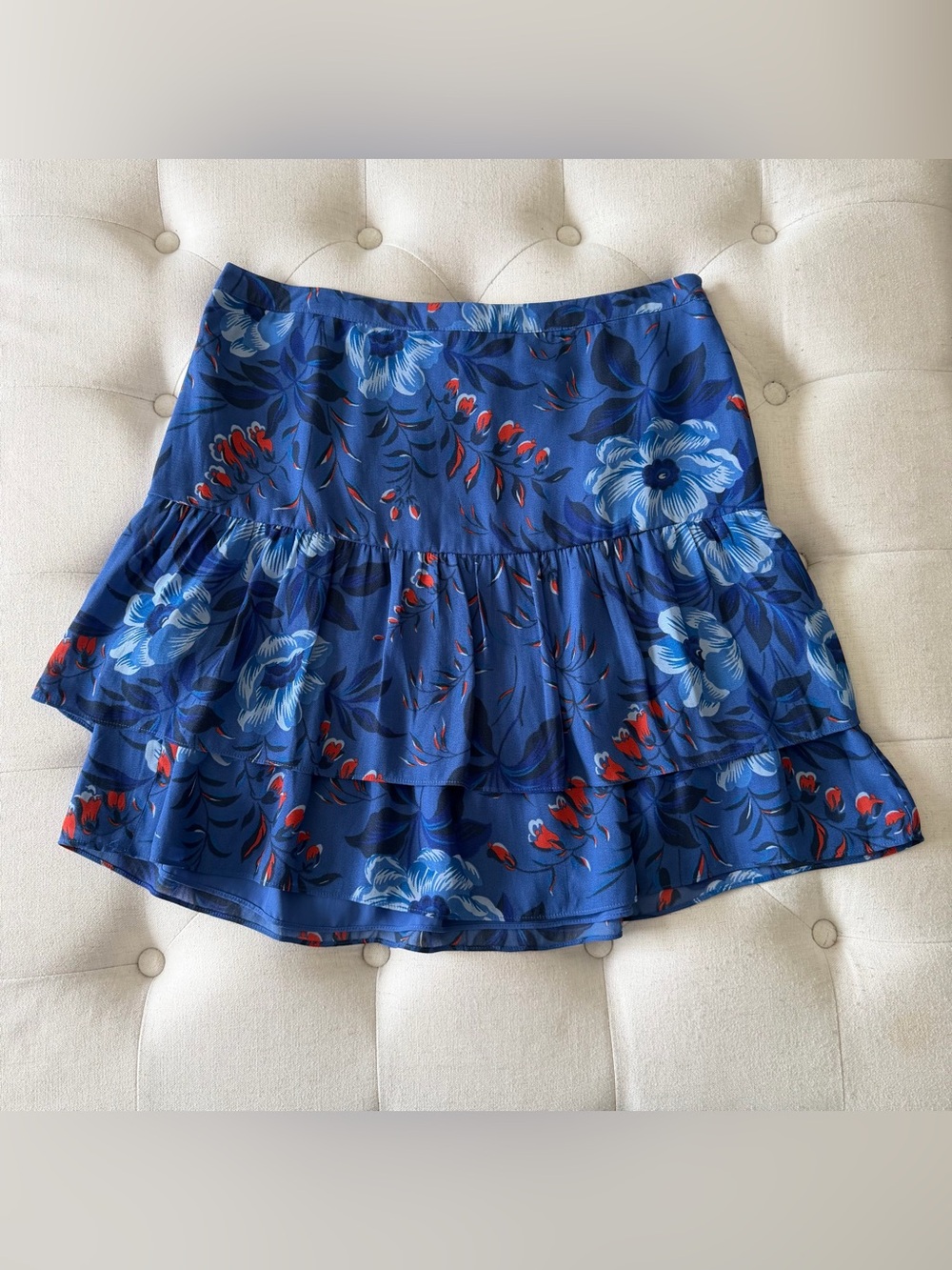 LOFT Blue Floral Tiered Skirt with Red Accents